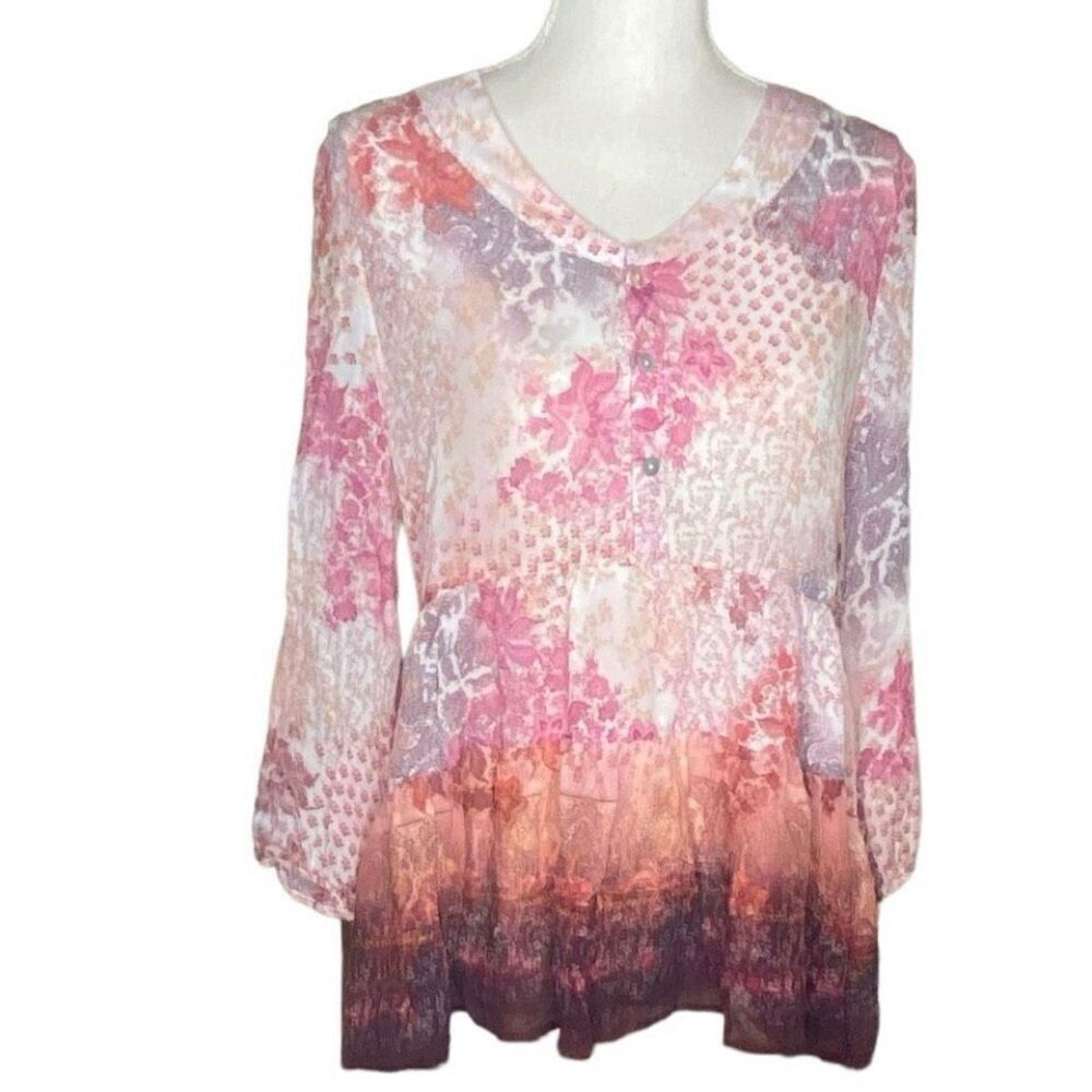 Boho Floral Peasant Blouse Sundance Pink Ombre Button Front Top M